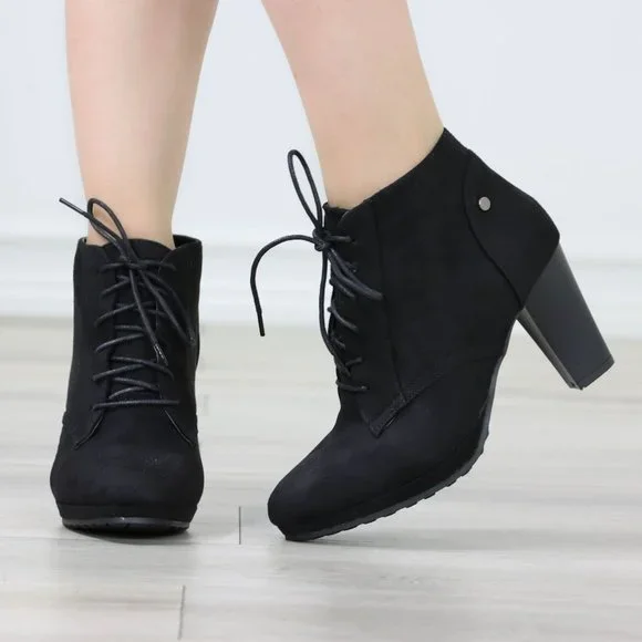 Womens Ankle Boots Lace Up Block Heel Booties Black Faux Suede - Picture 10 of 12